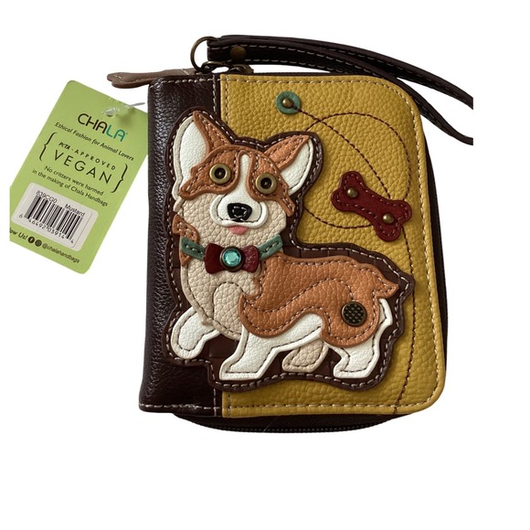 Chala Corgi Dog Vegan Leather Wristlet Wallet Cute Puppy Applique Zip Around - Picture 1 of 3